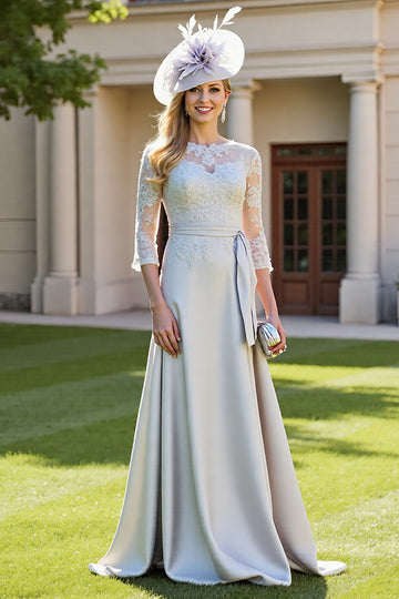 Silver Satin A Line Mother of the Bride Dress with Appliques
